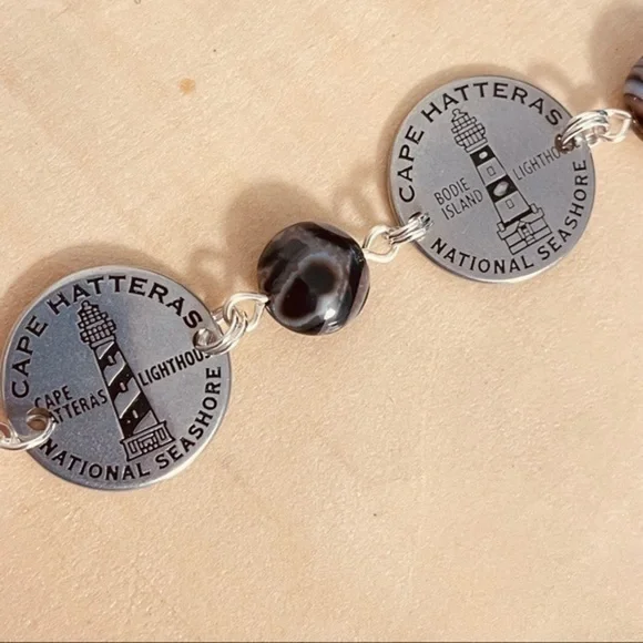 Mixed Metal Lighthouse Black Agate Statement Bracelet 7.5β Travel Vacation - Picture 5 of 8